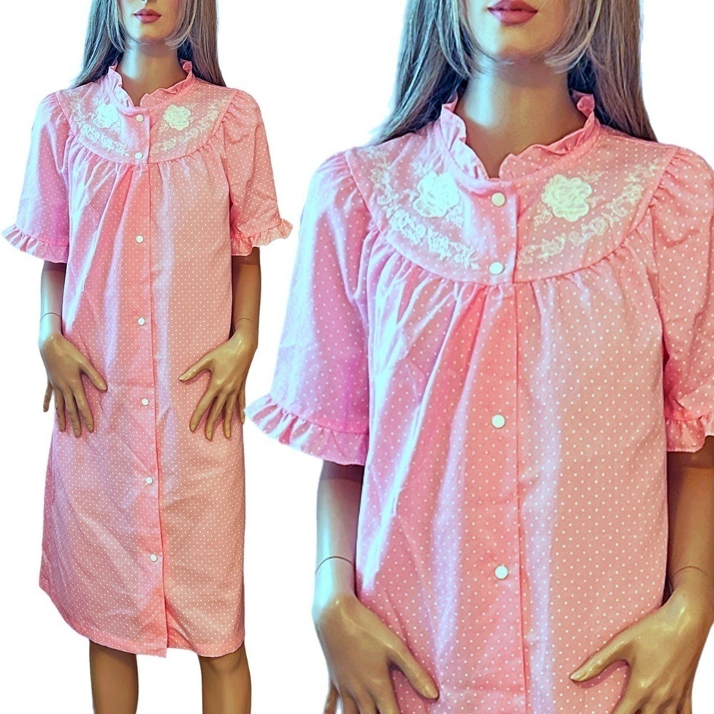 Vintage LAZY LIFE House Dress Robe Housecoat Ruffles Snaps Polka-Dot NWOT